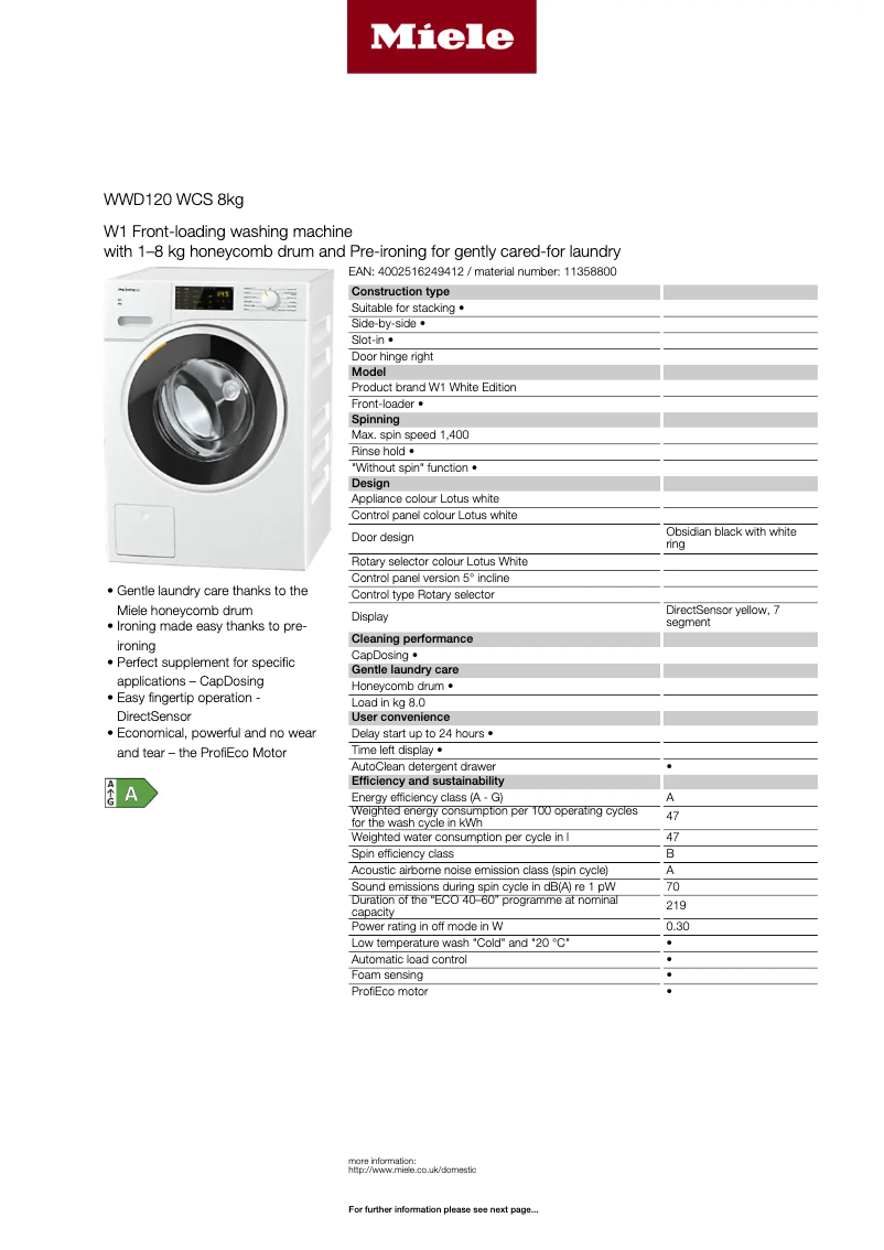 Page 1 de la notice Fiche technique Miele WWD 120 WCS 8kg