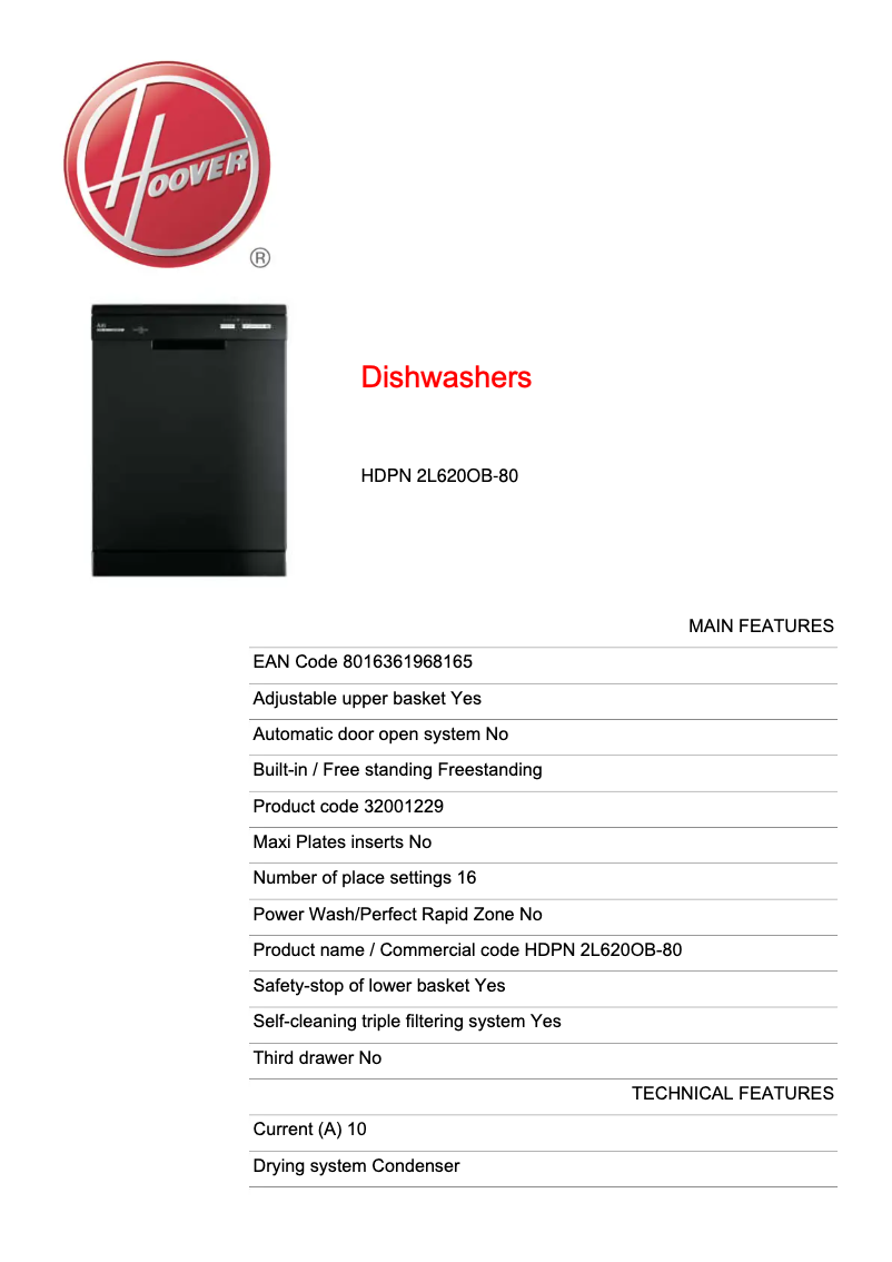 Page 1 de la notice Fiche technique Hoover HDPN 2L620OB-80