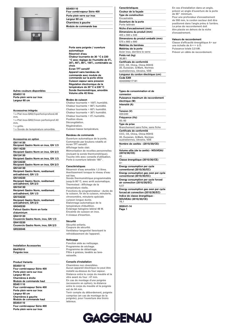 Página 1 del manual Ficha técnica Gaggenau BS455110