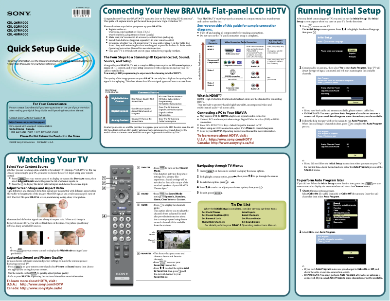 Page 1 de la notice Guide d'installation Sony Bravia KDL-26M4000