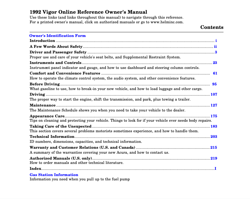 Page 1 de la notice Manuel utilisateur Acura Vigor (1992)