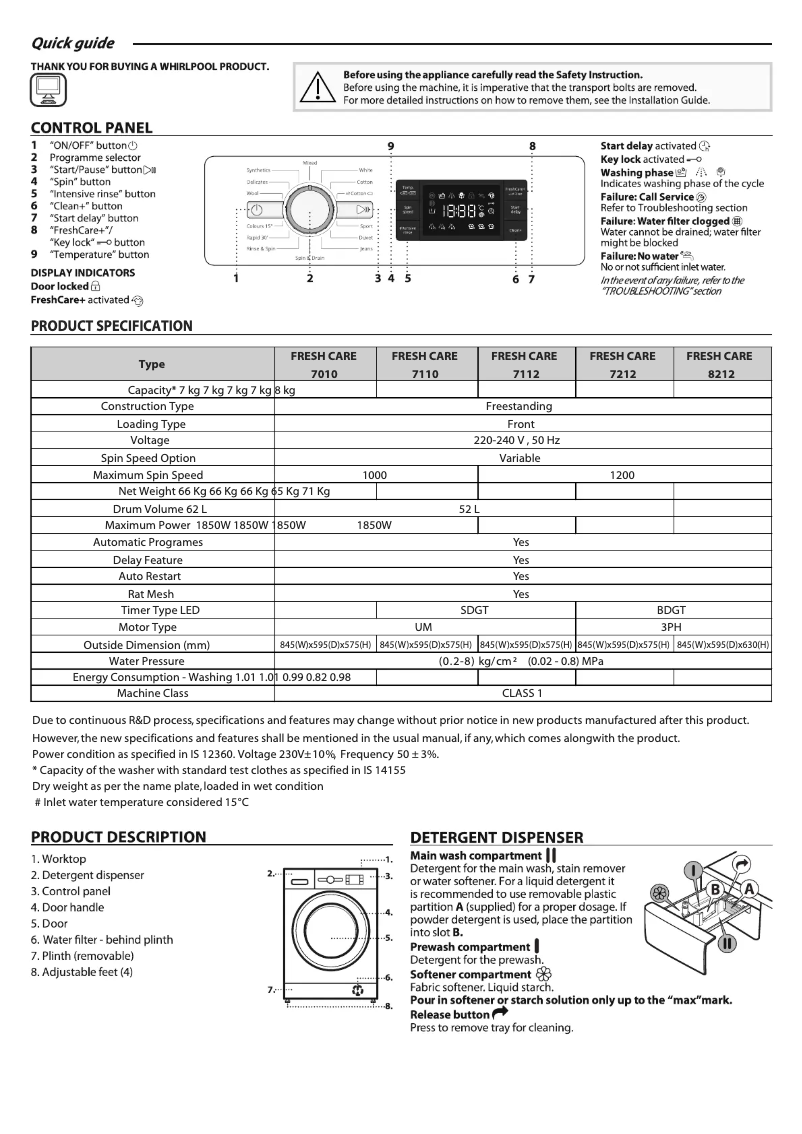 Page 1 de la notice Manuel utilisateur Whirlpool Fresh Care 8212