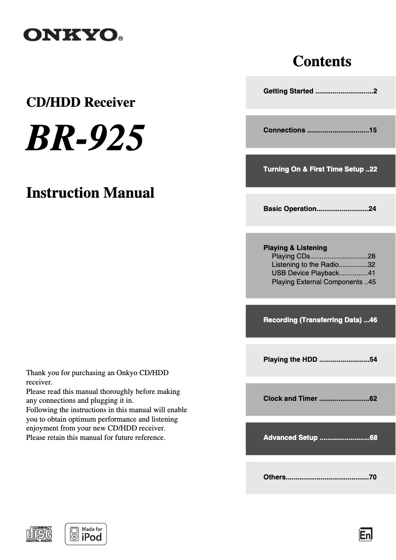 Page 1 de la notice Manuel utilisateur Onkyo BR-925