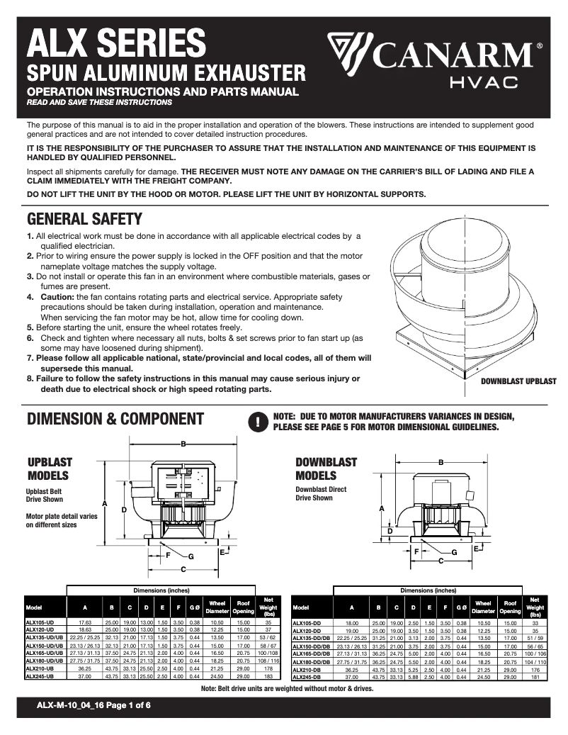Page n°1 - Manuel utilisateur Canarm ALX180-UD100EC