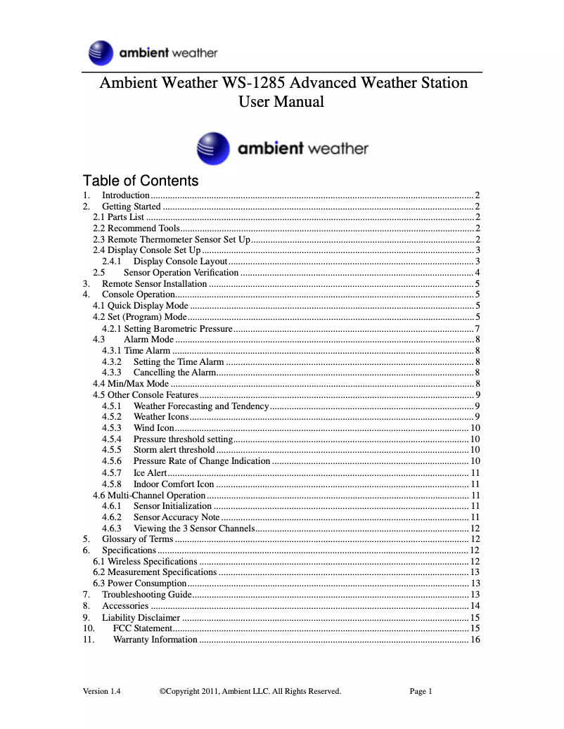 Image de la première page du manuel de l'appareil WS-1285