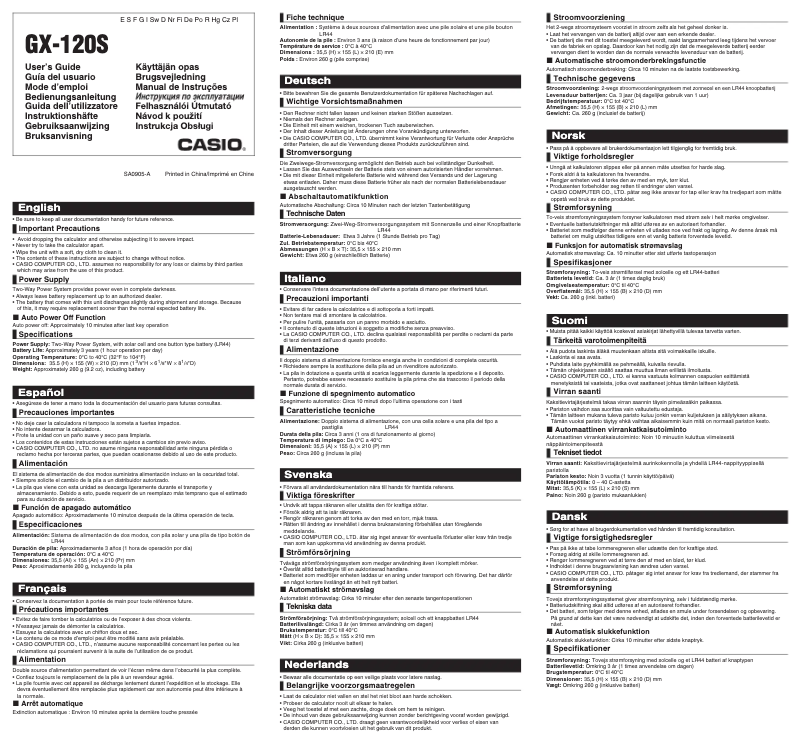Page 1 de la notice Manuel utilisateur Casio GX-120S