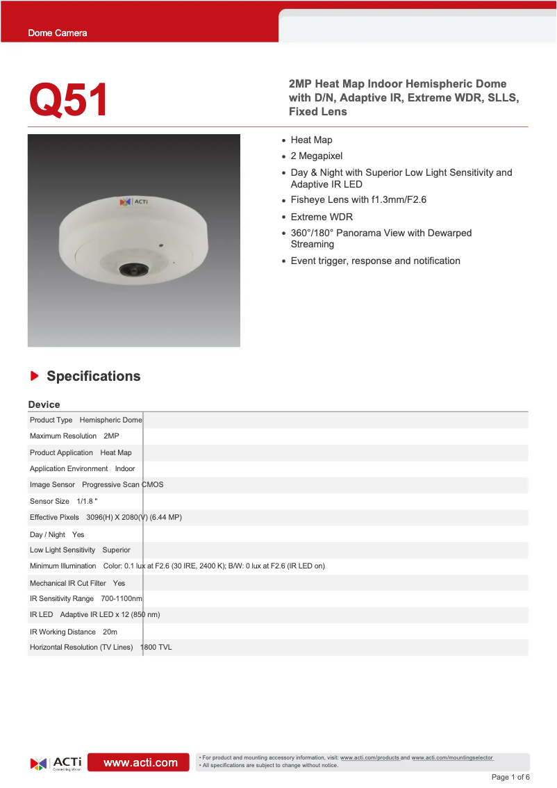 Page 1 de la notice Fiche technique ACTi Q51