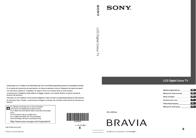 Page 1 de la notice Manuel utilisateur Sony Bravia KDL-22E5310