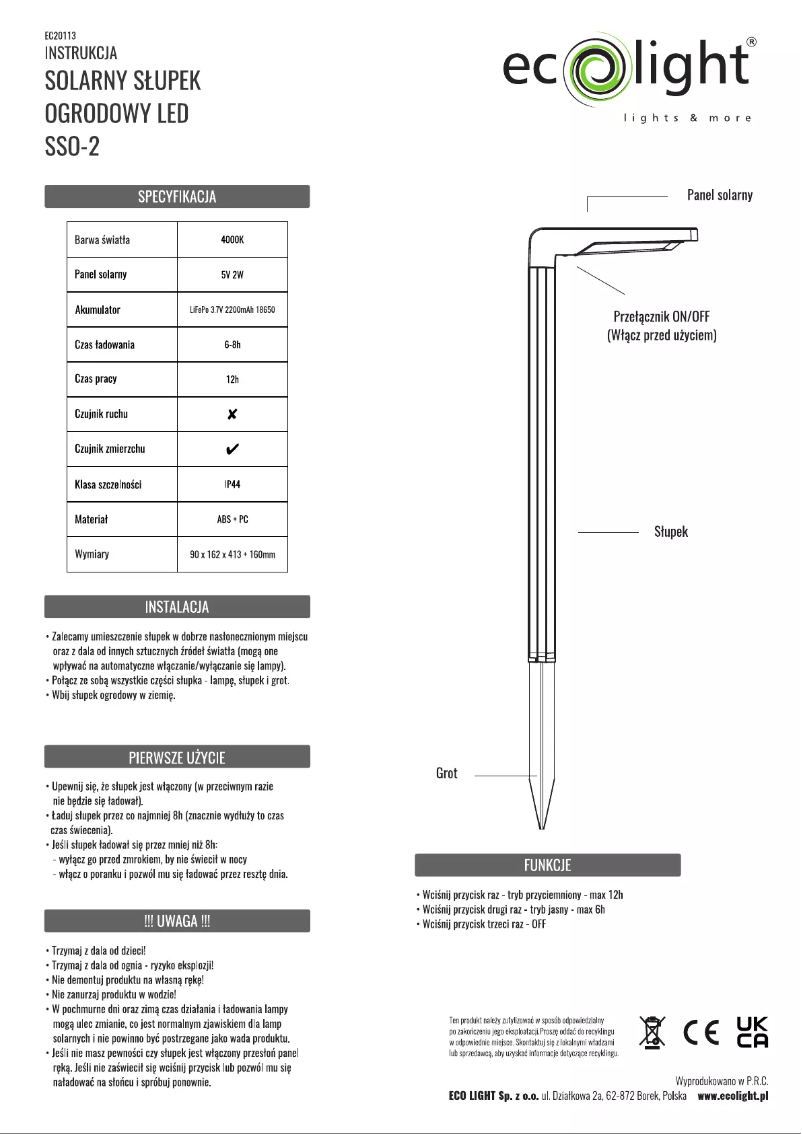 Page n°1 - Manuel utilisateur Ecolight SSO-2