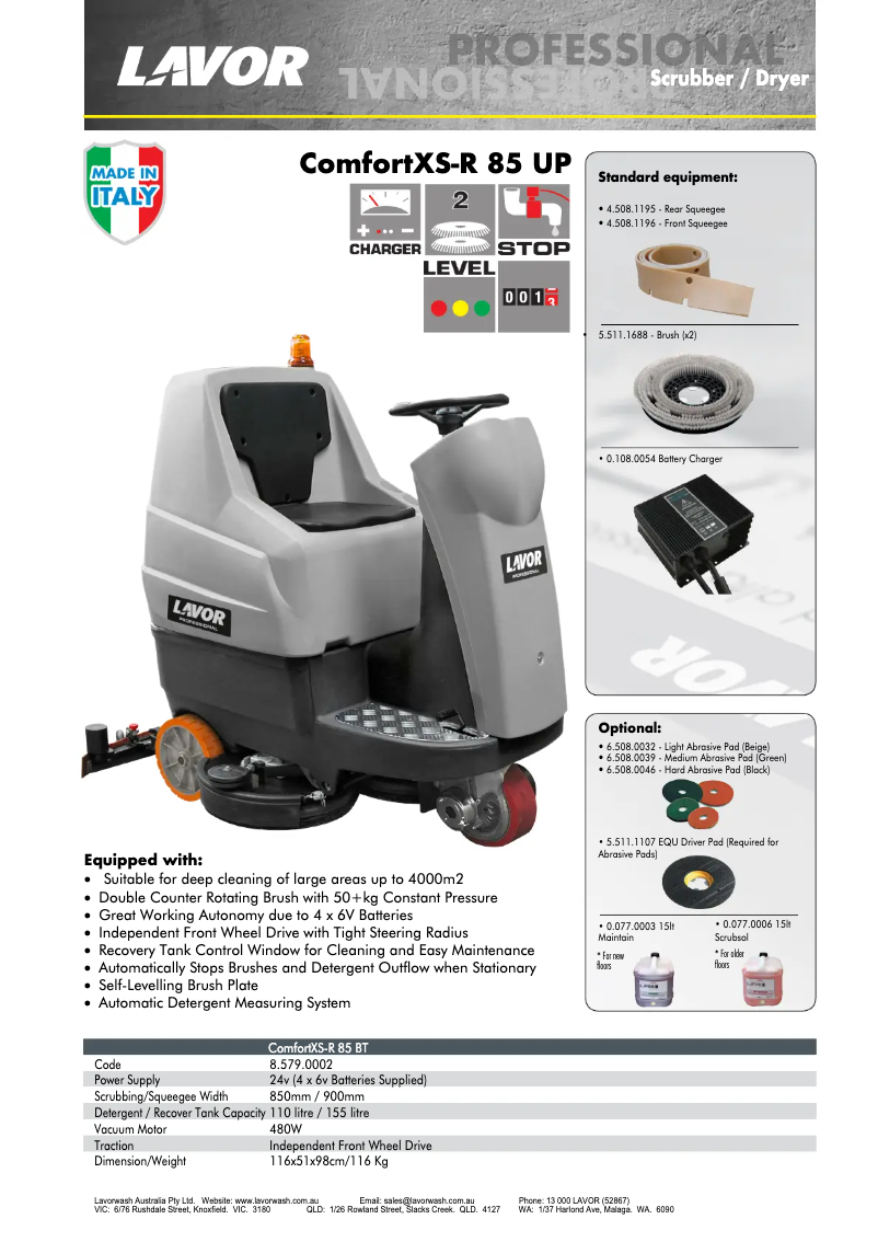 Página 1 del manual Ficha técnica Lavorwash ComfortXS-R 85 UP