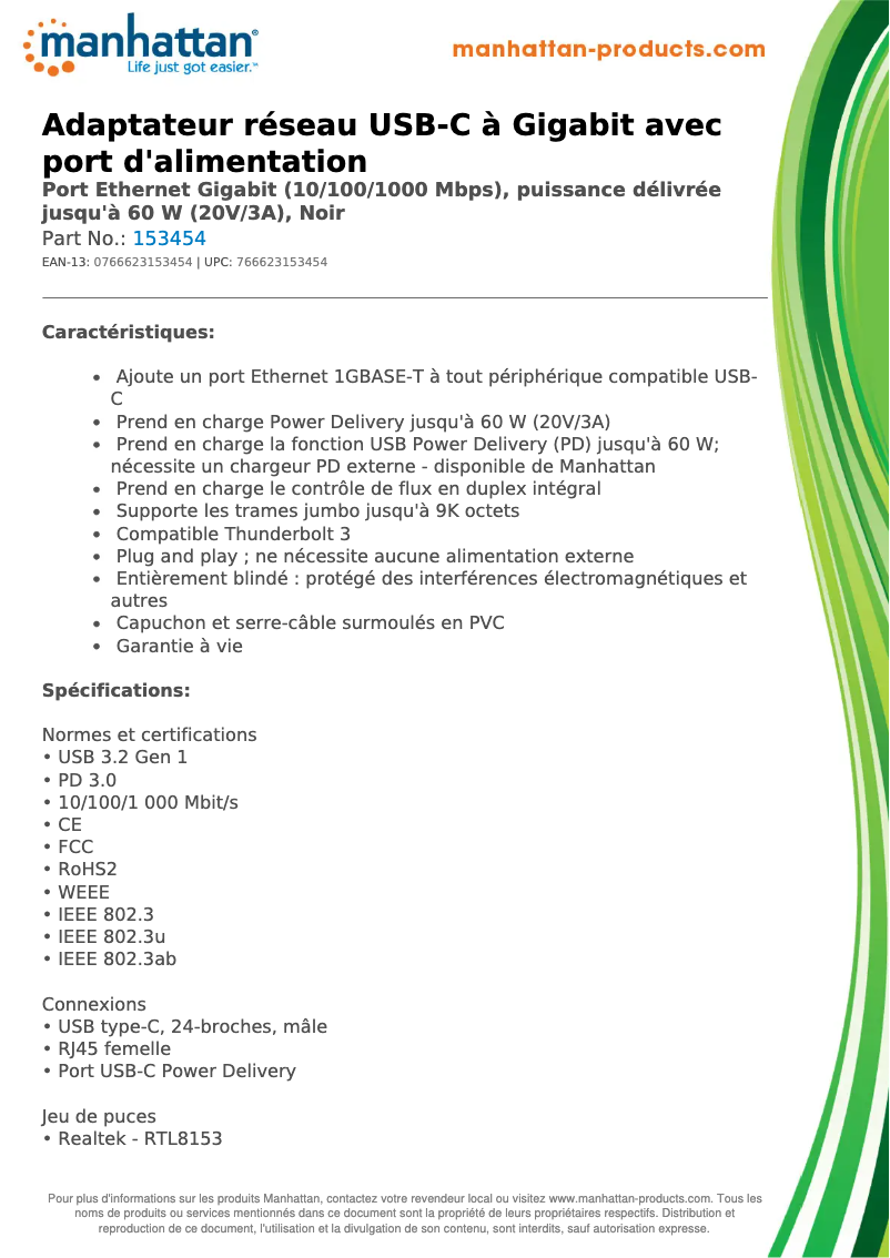 Page 1 de la notice Manuel utilisateur Manhattan 153454