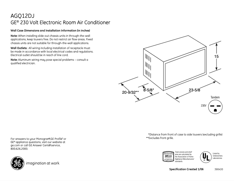 Page n°1 - Fiche technique GE AGQ12DJ