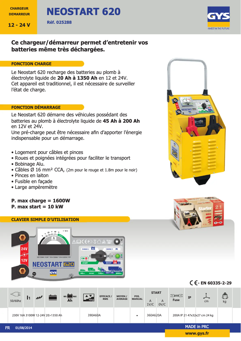 Page 1 de la notice Fiche technique GYS Neostart 620