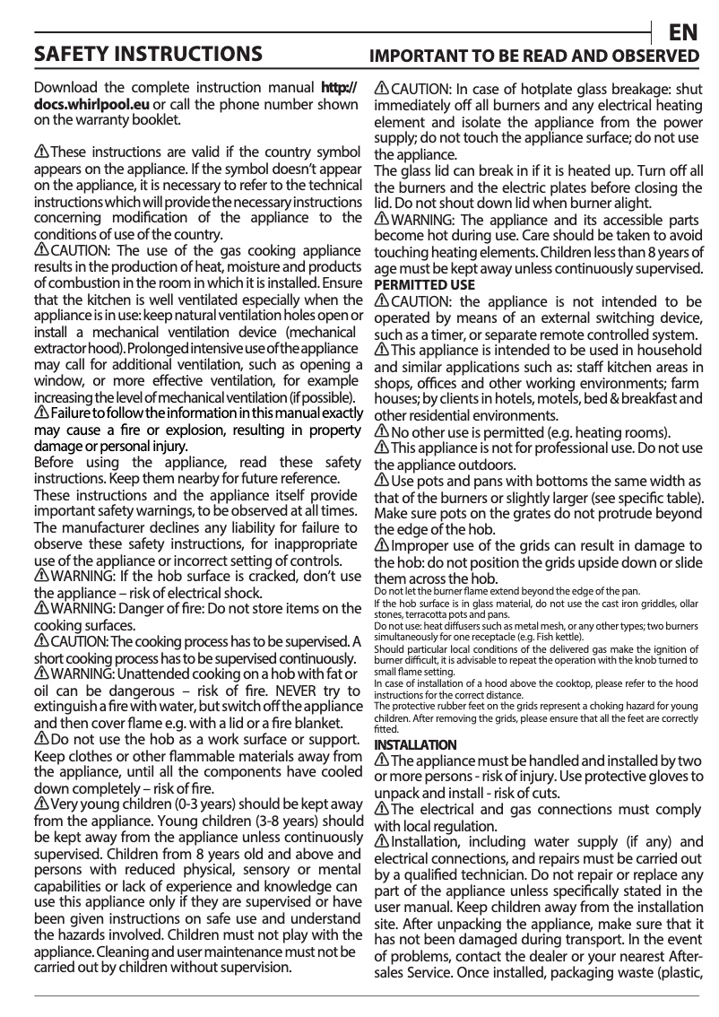 Page 1 de la notice Manuel d'utilisation et d'entretien Whirlpool GMA 6422/IX
