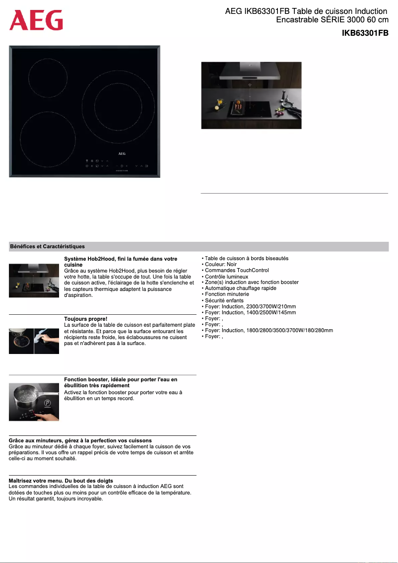 Page 1 de la notice Fiche technique AEG IKB63301FB
