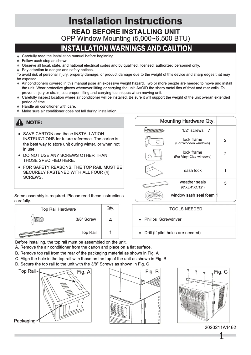 Page n°1 - Guide d'installation Frigidaire CRA052XT7