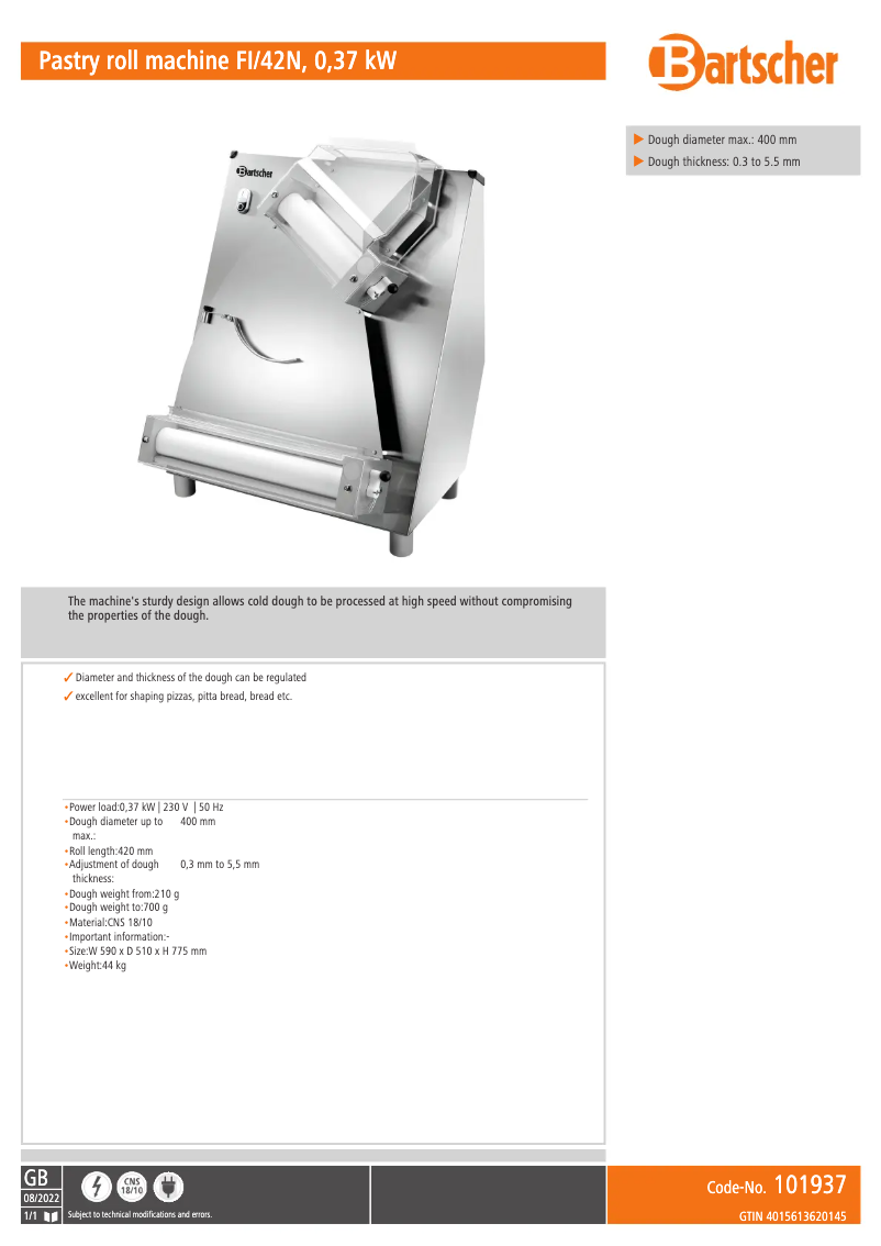 Page 1 de la notice Fiche technique Bartscher 101937