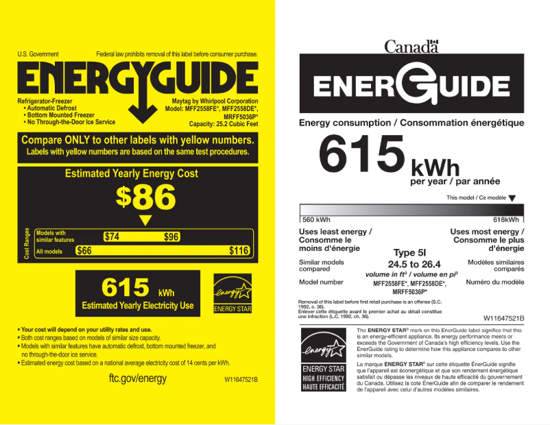 Page 1 de la notice Label énergétique Maytag MRFF5036PZ