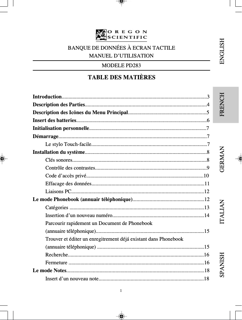 Page 1 de la notice Manuel utilisateur Oregon Scientific PD283