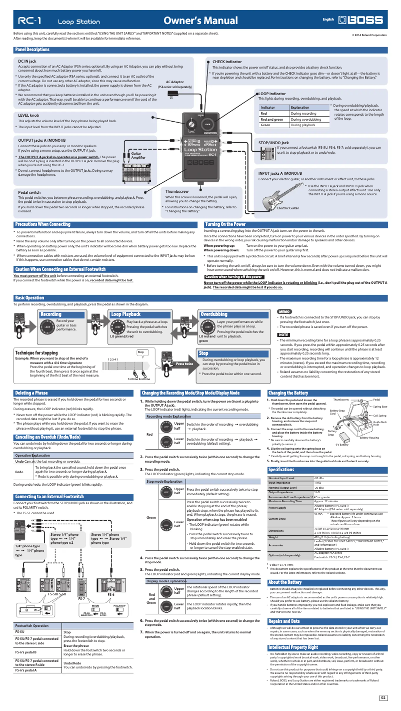 Page 1 de la notice Manuel utilisateur Boss RC-1