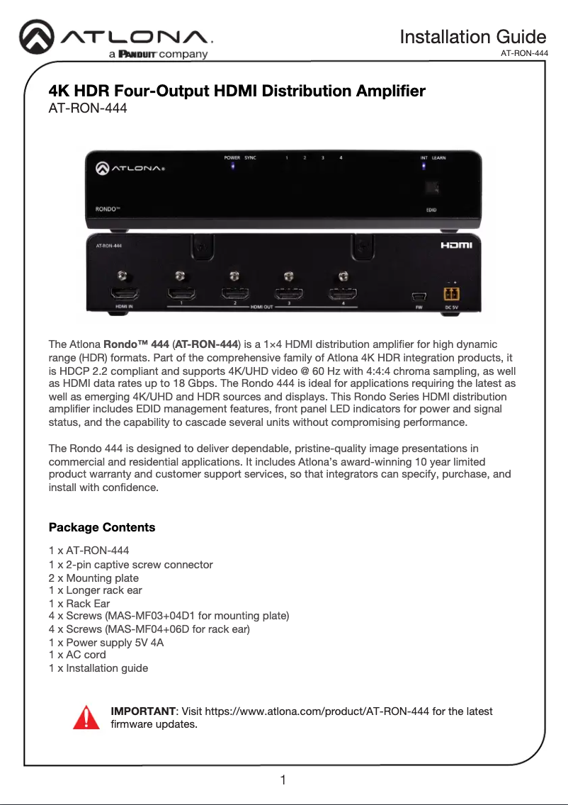 Página 1 del manual Guía de instalación Atlona AT-RON-444