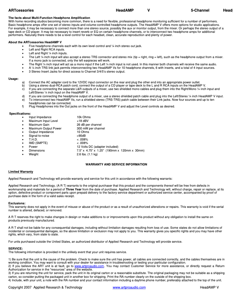 Image de la première page du manuel de l'appareil HeadAMP V