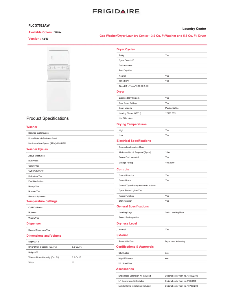 Page 1 de la notice Fiche technique Frigidaire FLCG7522AW