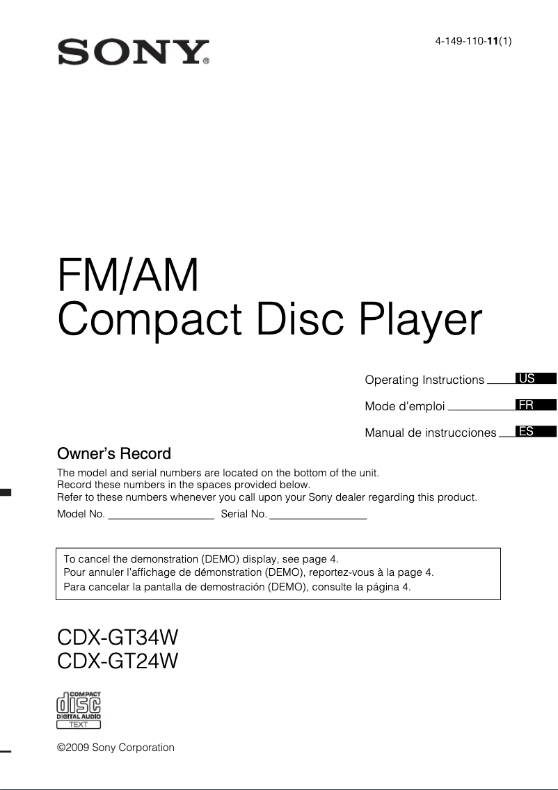 Page n°1 - Manuel utilisateur Sony CDX-GT34W