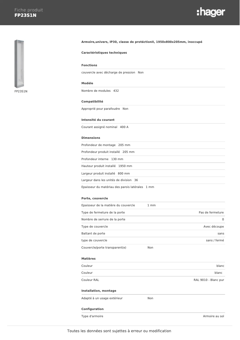 Page n°1 - Fiche technique Hager FP23S1N