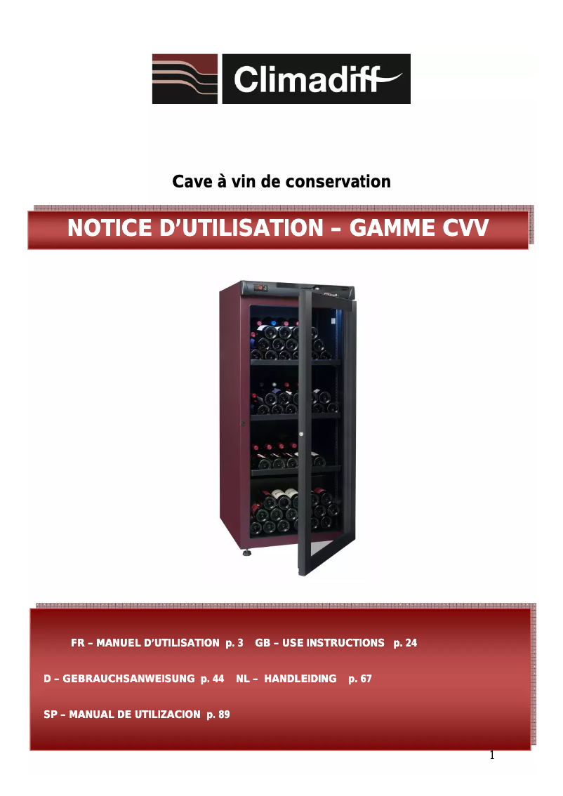 Page 1 de la notice Manuel utilisateur Climadiff CVV168