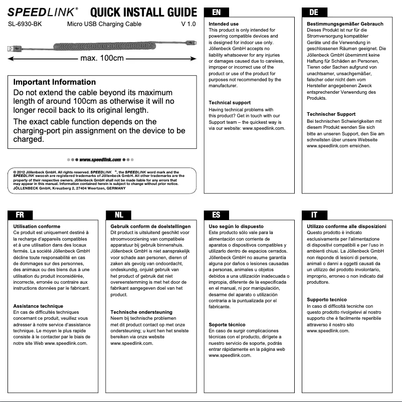 Page 1 de la notice Manuel utilisateur Speed-Link SL-6930-BK