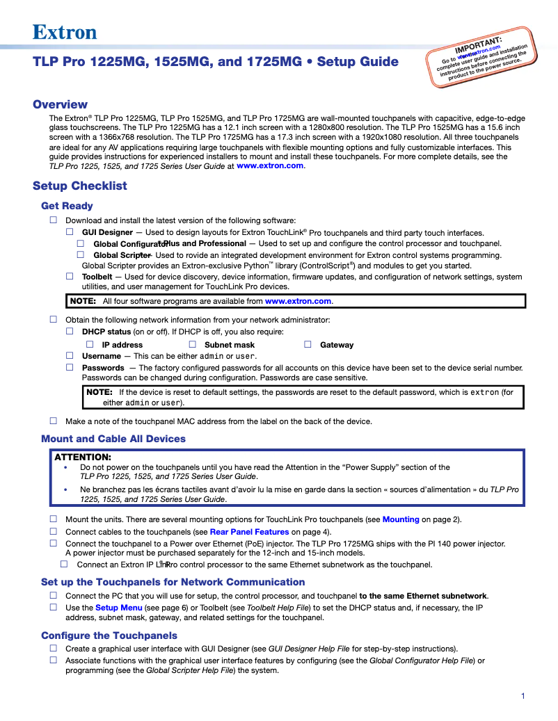 Page n°1 - Manuel utilisateur Extron TLP Pro 1725MG