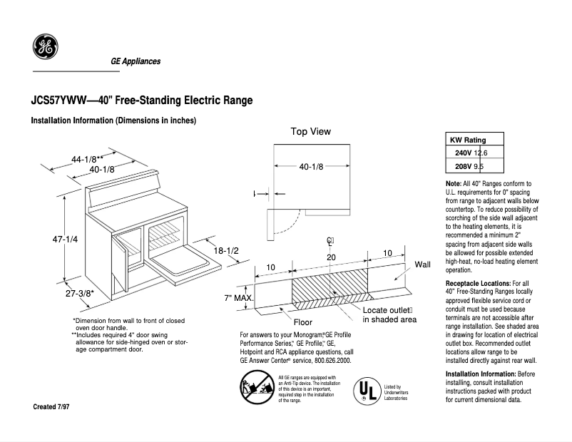 Page 1 of the manual Technical Sheet GE JCS57YWW
