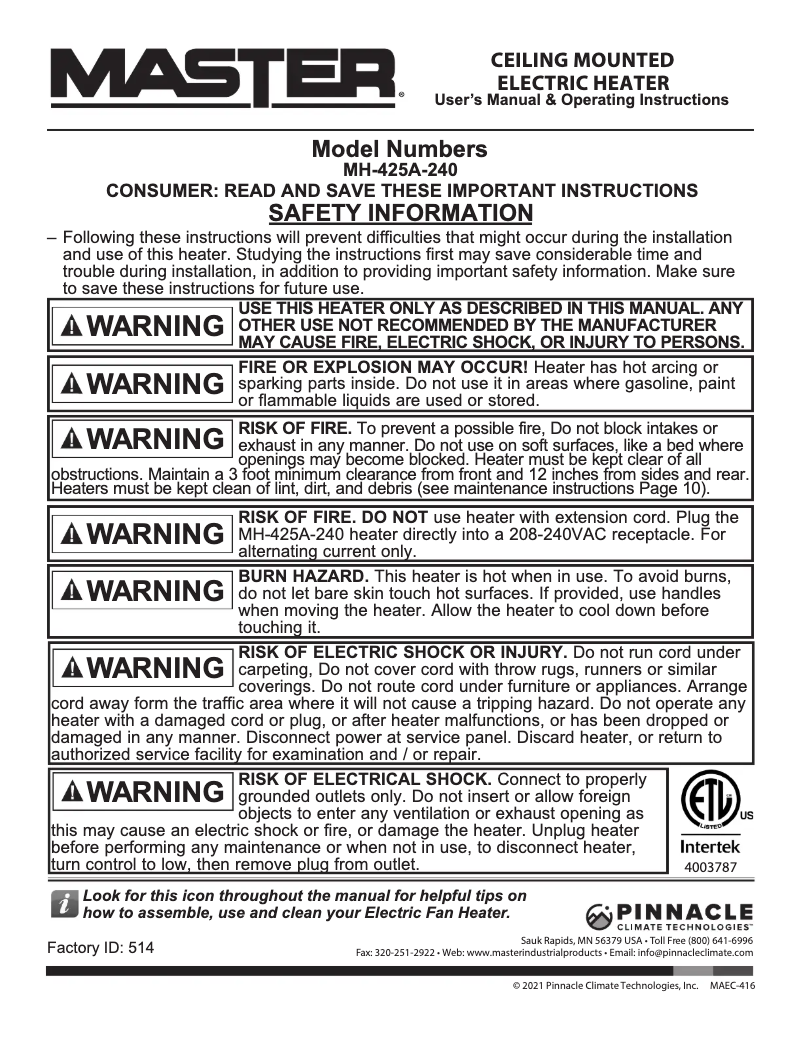 Page n°1 - Manuel utilisateur Master MH-425A-120
