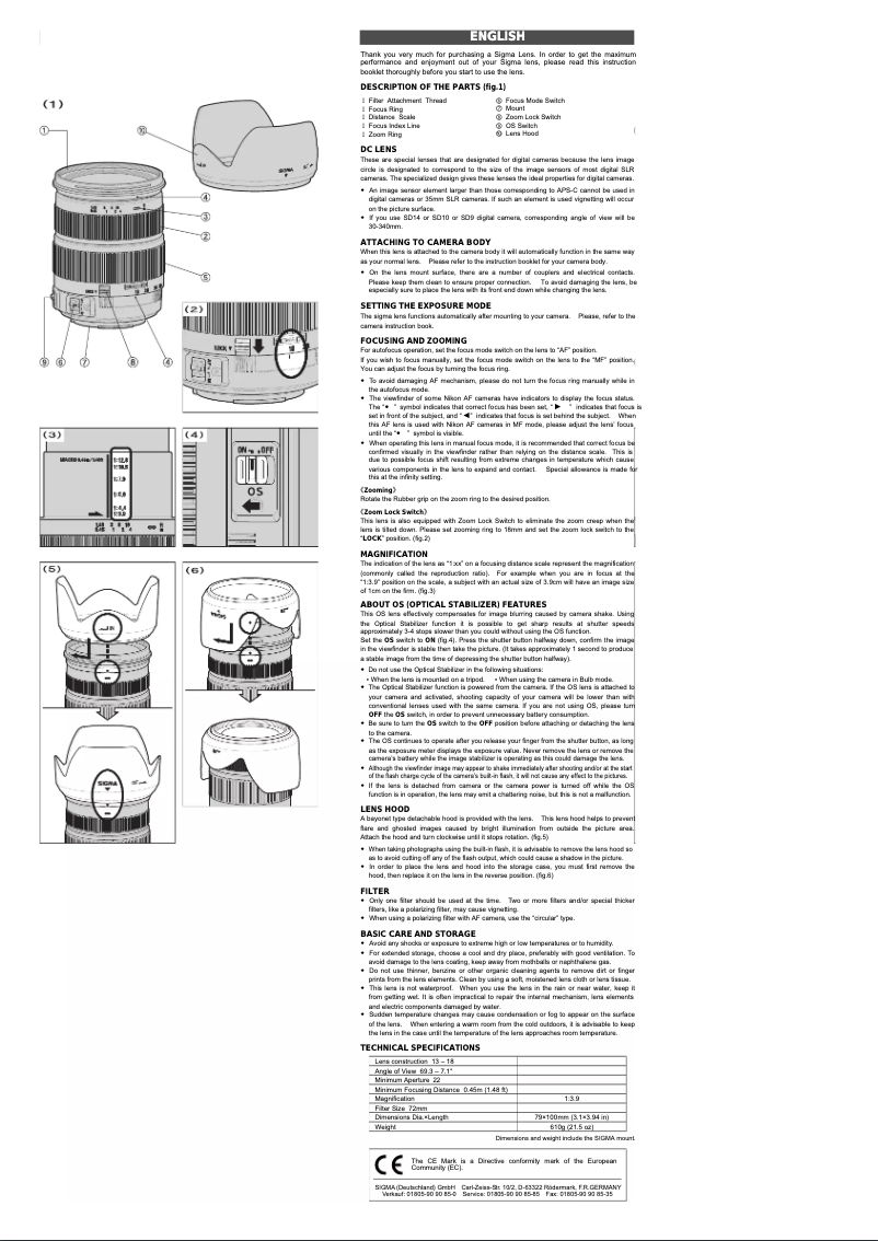 Page 1 de la notice Manuel utilisateur Sigma 18-200mm f3.5-6.3 DC OS