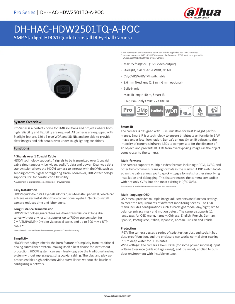 Page 1 de la notice Fiche technique Dahua Technology HAC-HDW2501TQ-A-POC