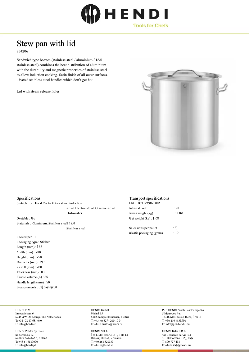 Page 1 de la notice Fiche technique Hendi 834909