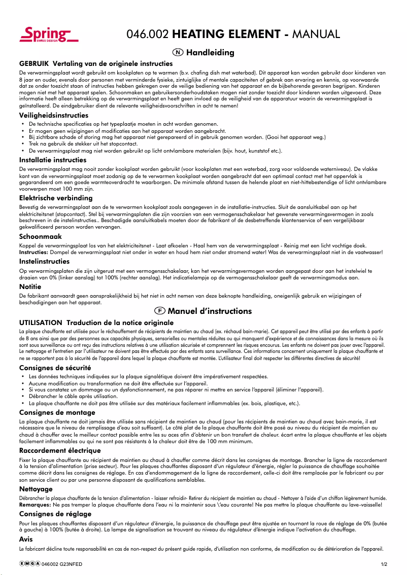 Page 1 de la notice Manuel utilisateur Spring 046002
