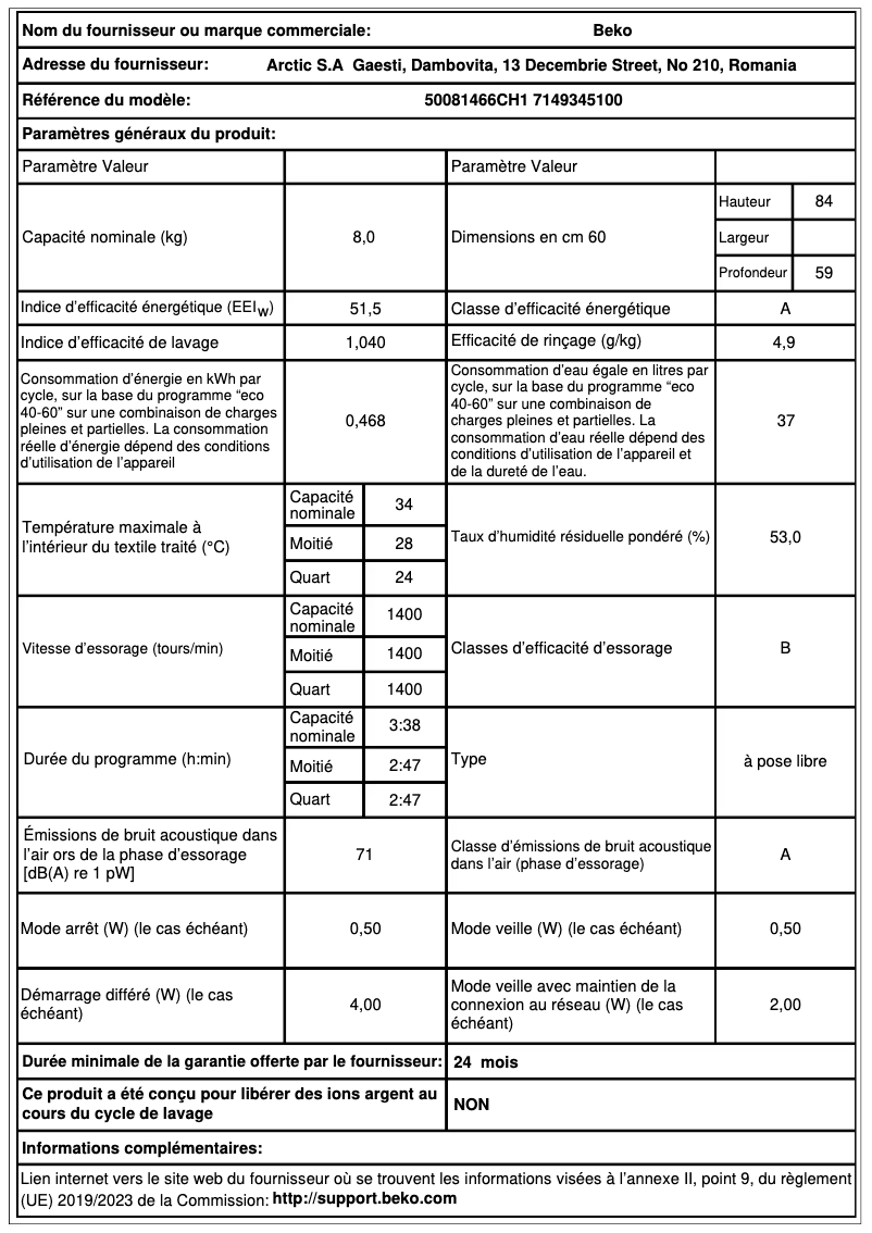 Page 1 de la notice Fiche technique Beko 50081466CH1