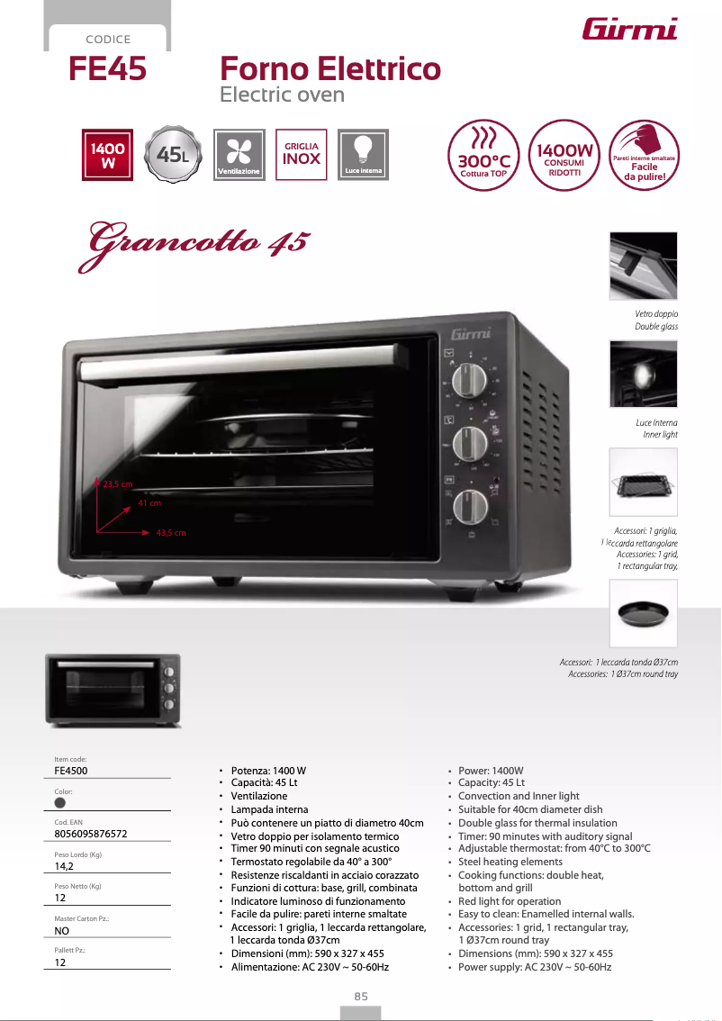 Page 1 de la notice Fiche technique Girmi FE45