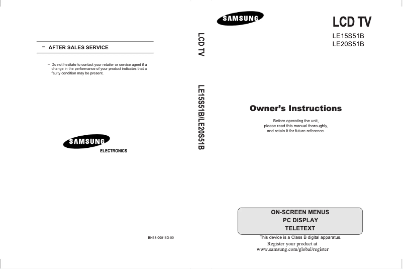 Page 1 de la notice Manuel utilisateur Samsung LE20S51B
