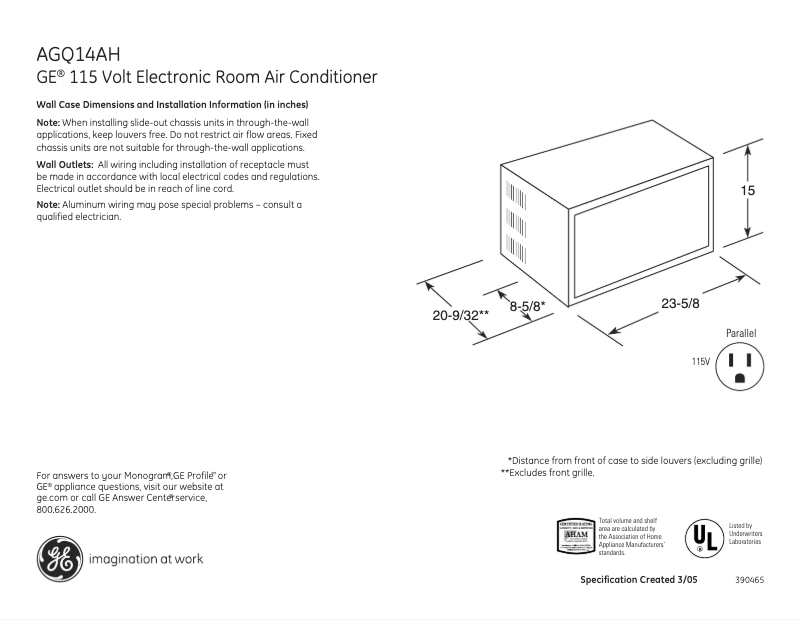 Page 1 de la notice Fiche technique GE AGQ14AH
