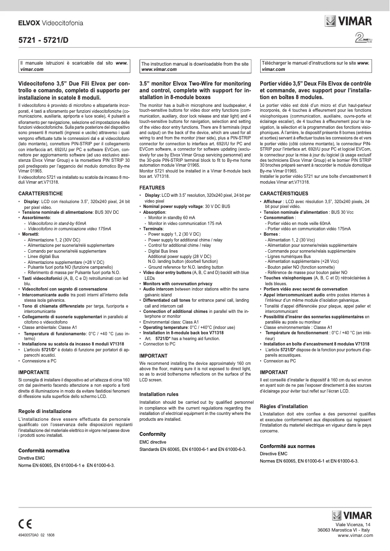 Page 1 de la notice Instructions / montage Vimar ELVOX 5721