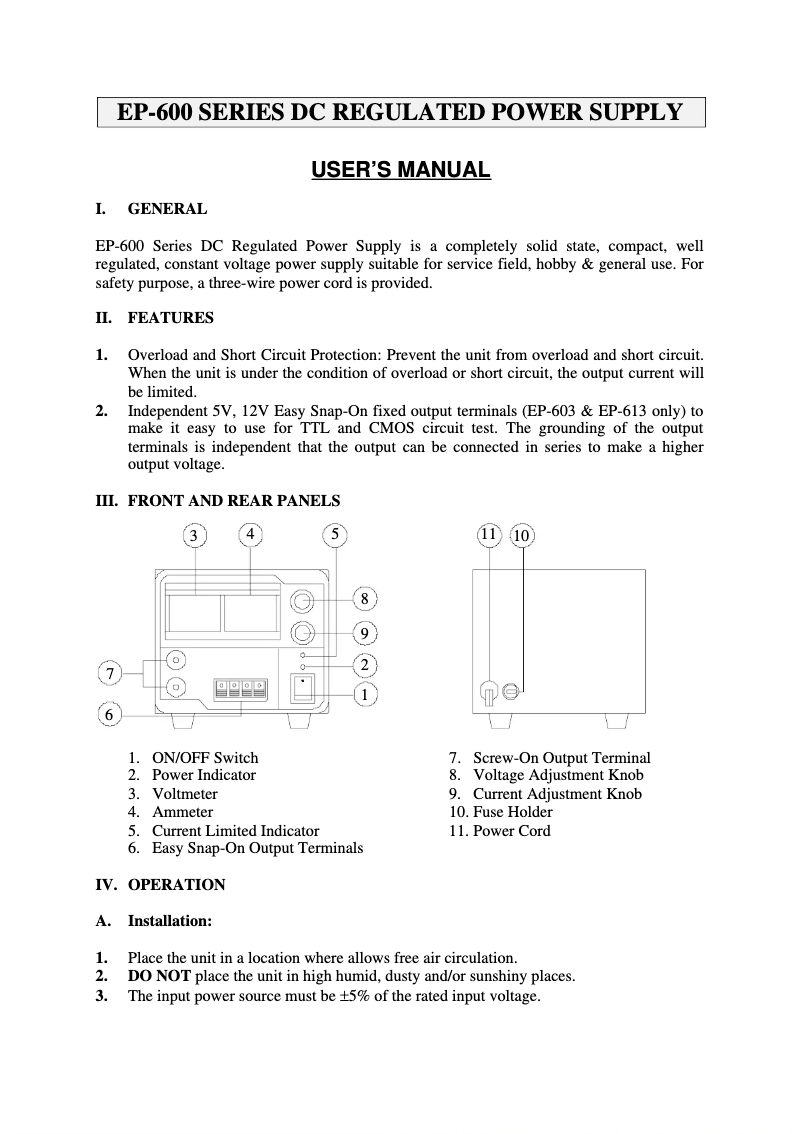 Page 1 de la notice Manuel utilisateur Manson EP 613