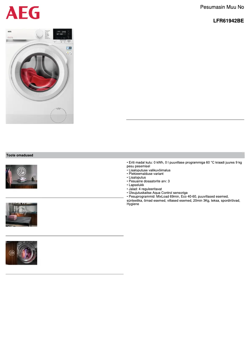 Page 1 de la notice Fiche technique AEG LFR61942BE