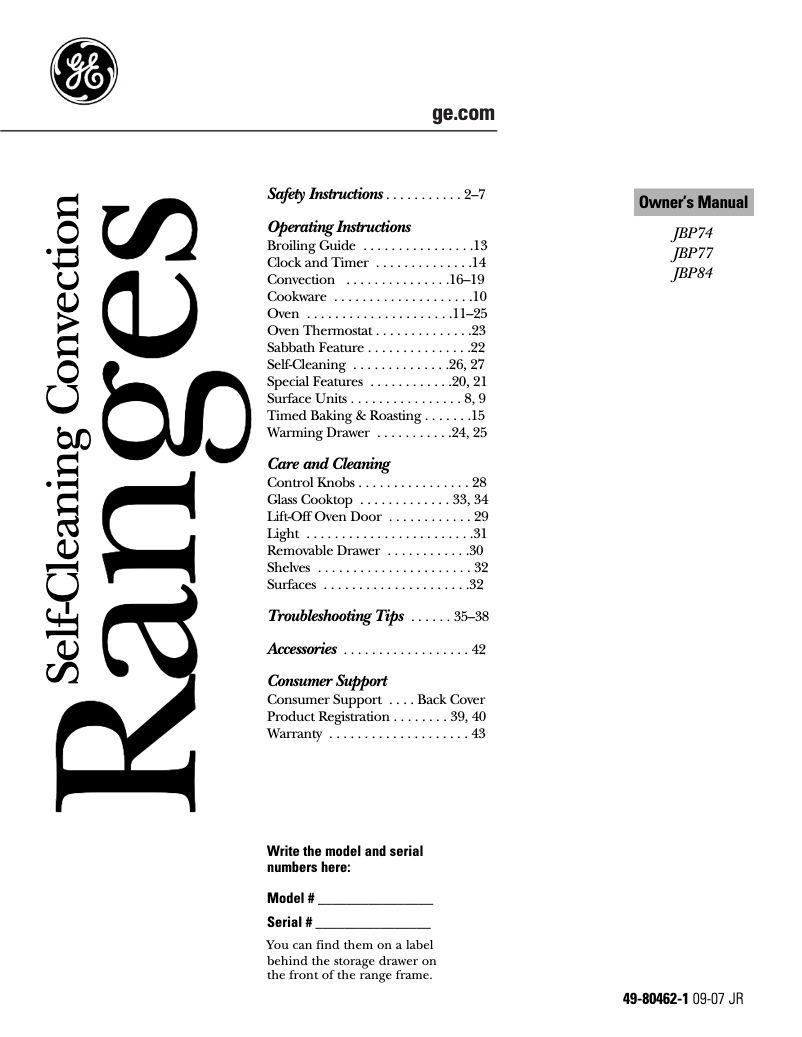 Page 1 of the manual User Manual GE Adora JBP77MMBG