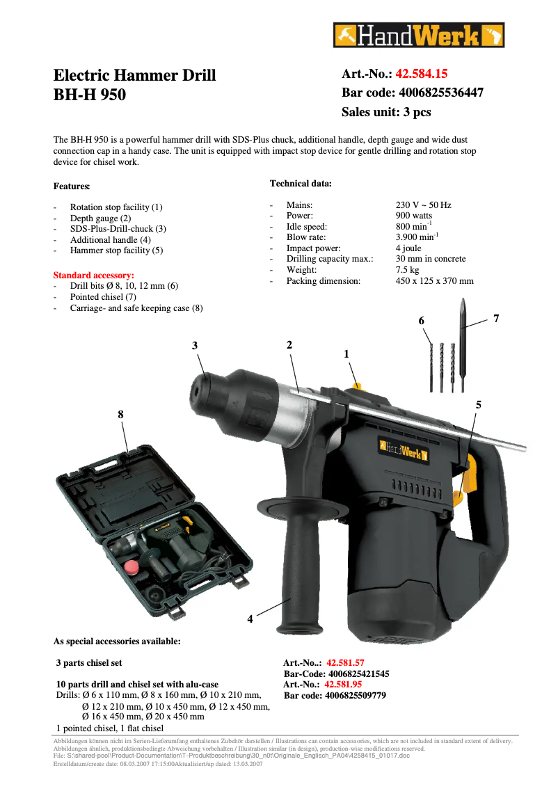 Page 1 de la notice Manuel utilisateur Handwerk BH-H 950