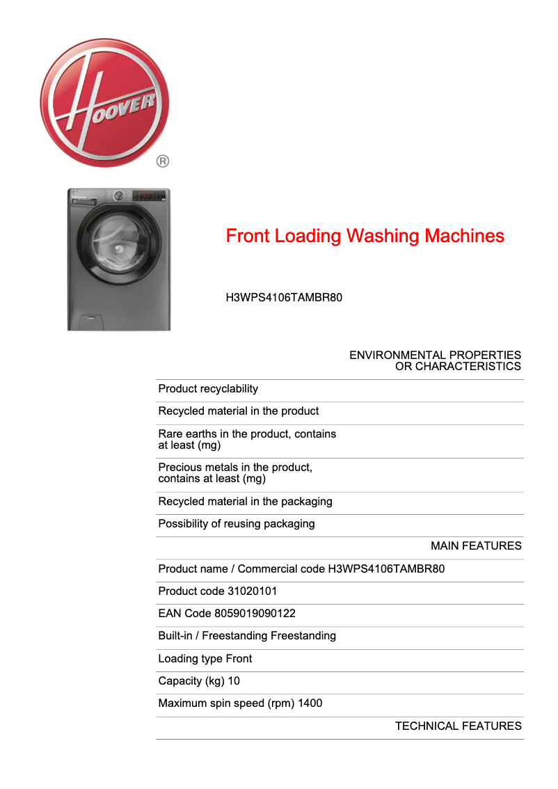 Page 1 de la notice Fiche technique Hoover H3WPS4106TAMBR80