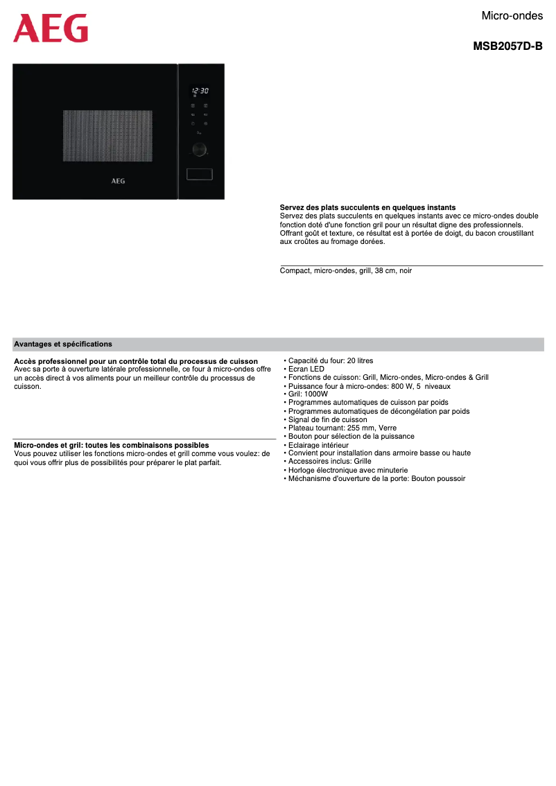 Page 1 de la notice Fiche technique AEG MSB2057D-B