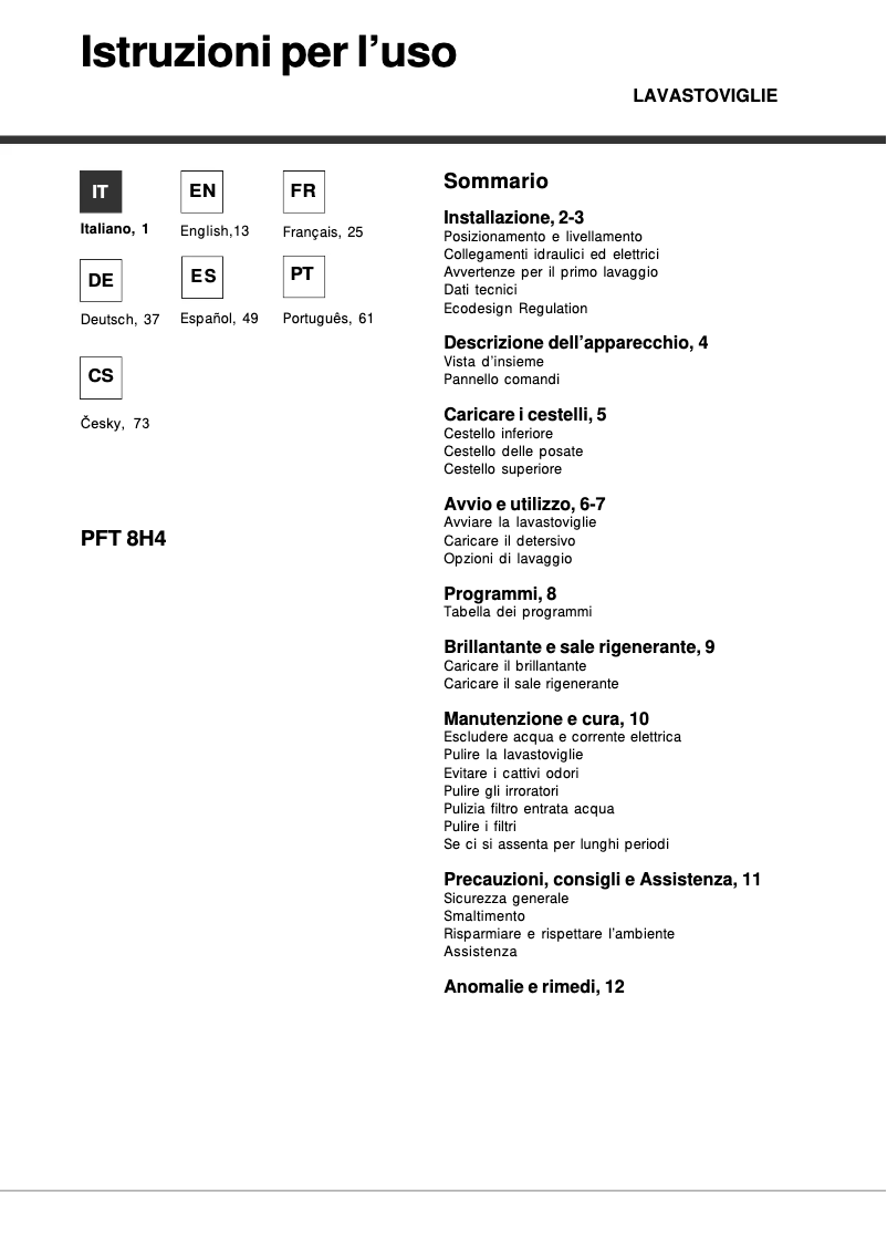 Page 1 de la notice Manuel utilisateur Hotpoint Ariston PFT 8H4X